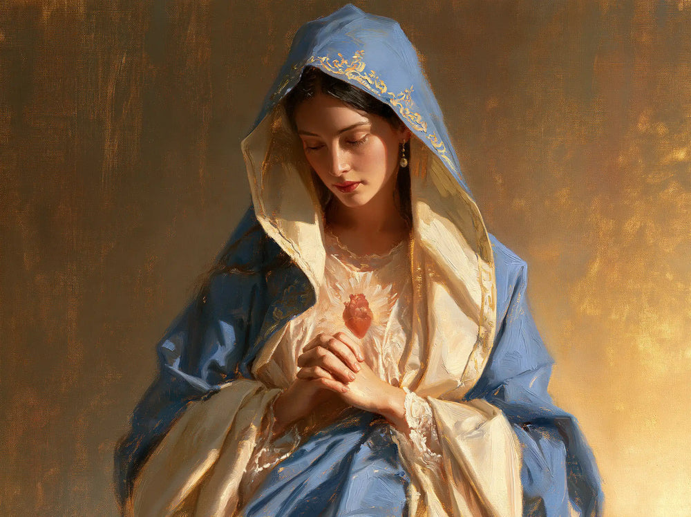 the Immaculate Heart of Mary in devotional silence in The Silence of Devotion style, landscape Christian artwork no. 3