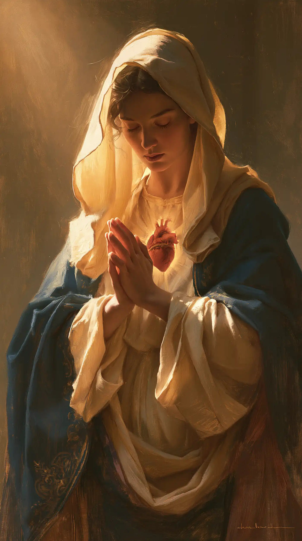 the Immaculate Heart of Mary in devotional silence in The Silence of Devotion style, portrait Christian artwork no. 1