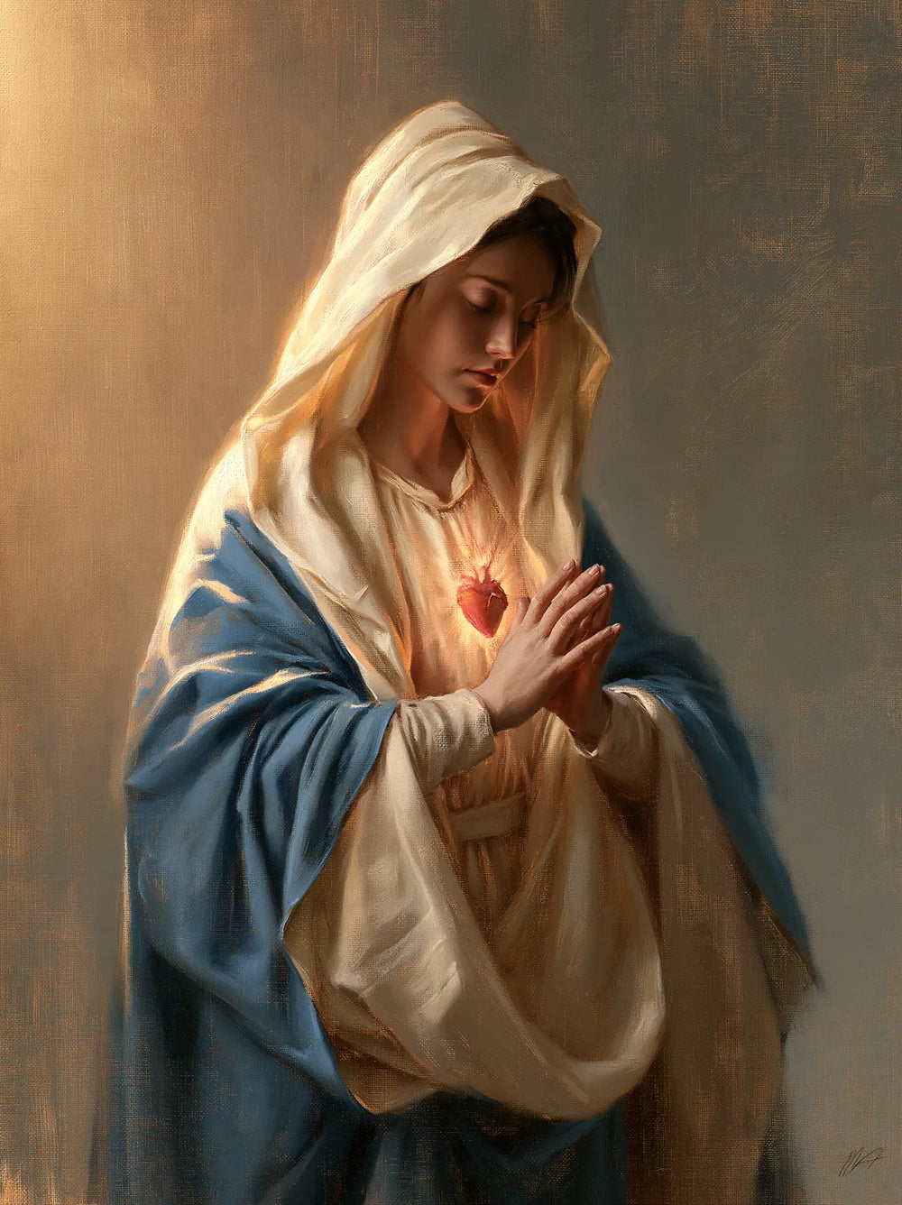 the Immaculate Heart of Mary in devotional silence in The Silence of Devotion style, portrait Christian artwork no. 7