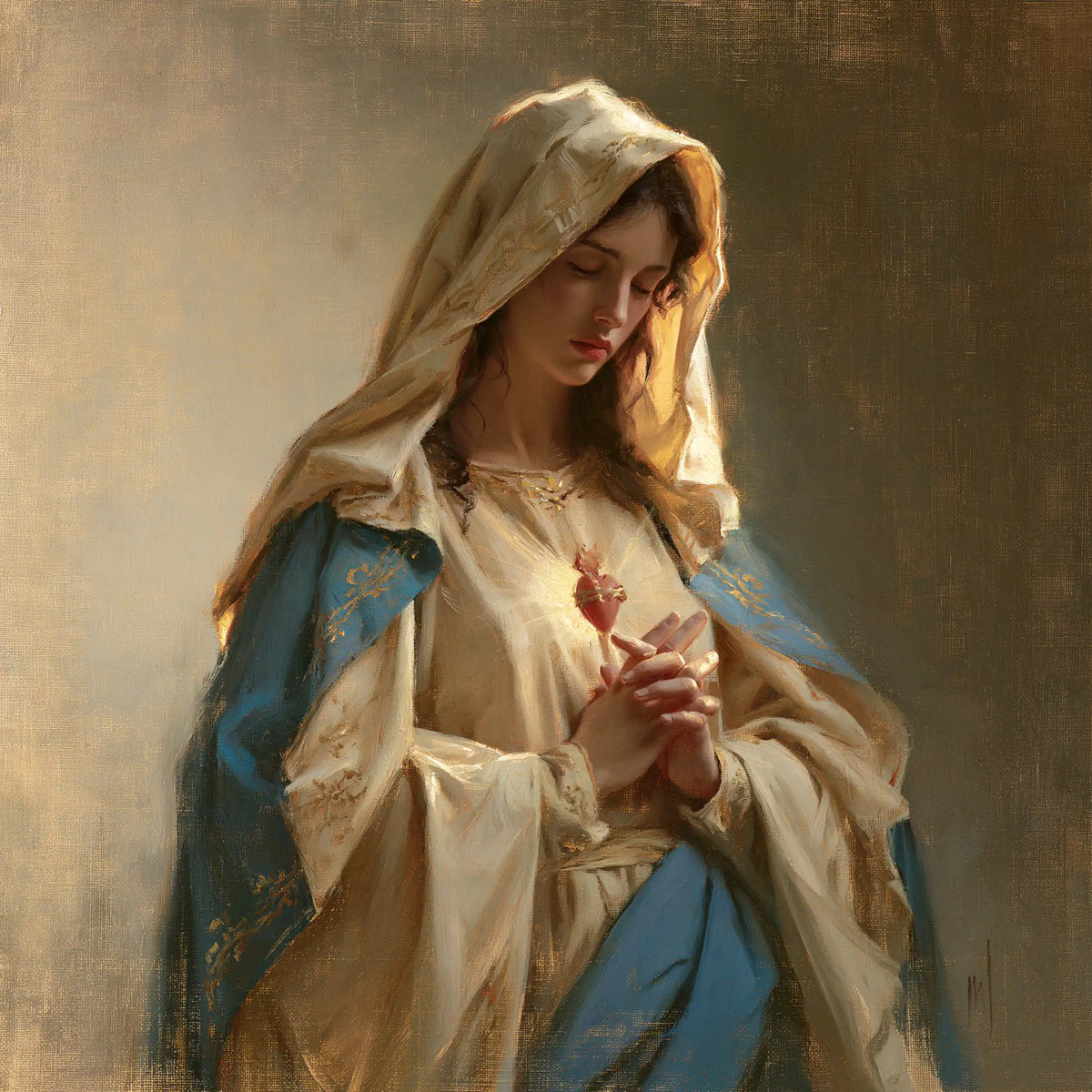 the Immaculate Heart of Mary in devotional silence in The Silence of Devotion style, square Christian artwork no. 7