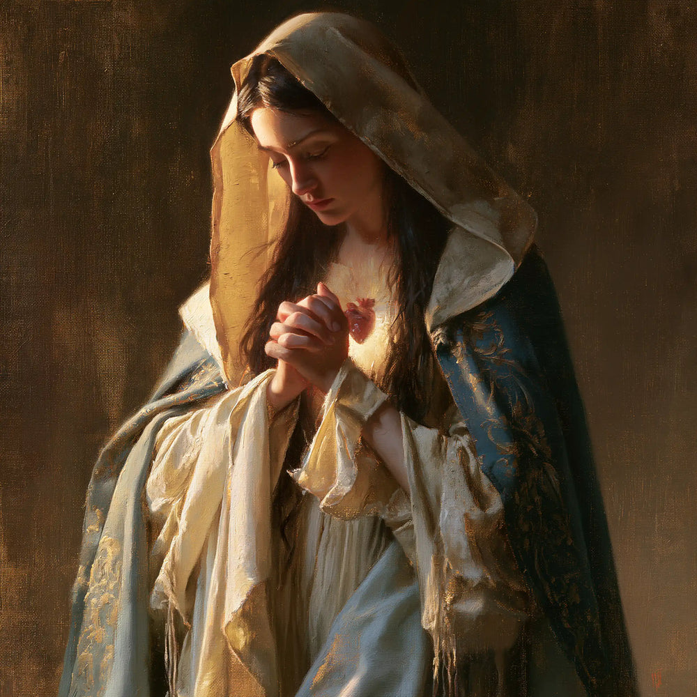 the Immaculate Heart of Mary in devotional silence in The Silence of Devotion style, square Christian artwork no. 8
