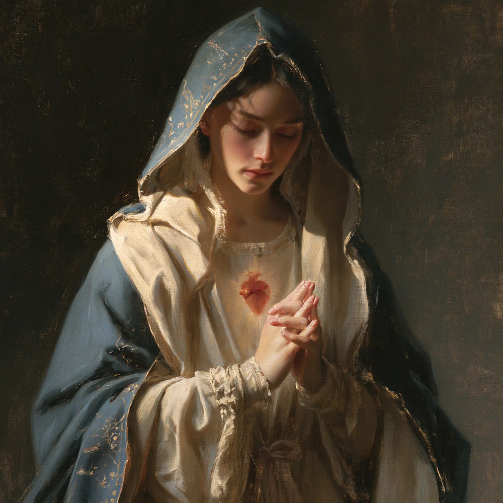 the Immaculate Heart of Mary in devotional silence in The Silence of Devotion style, square Christian artwork no. 11