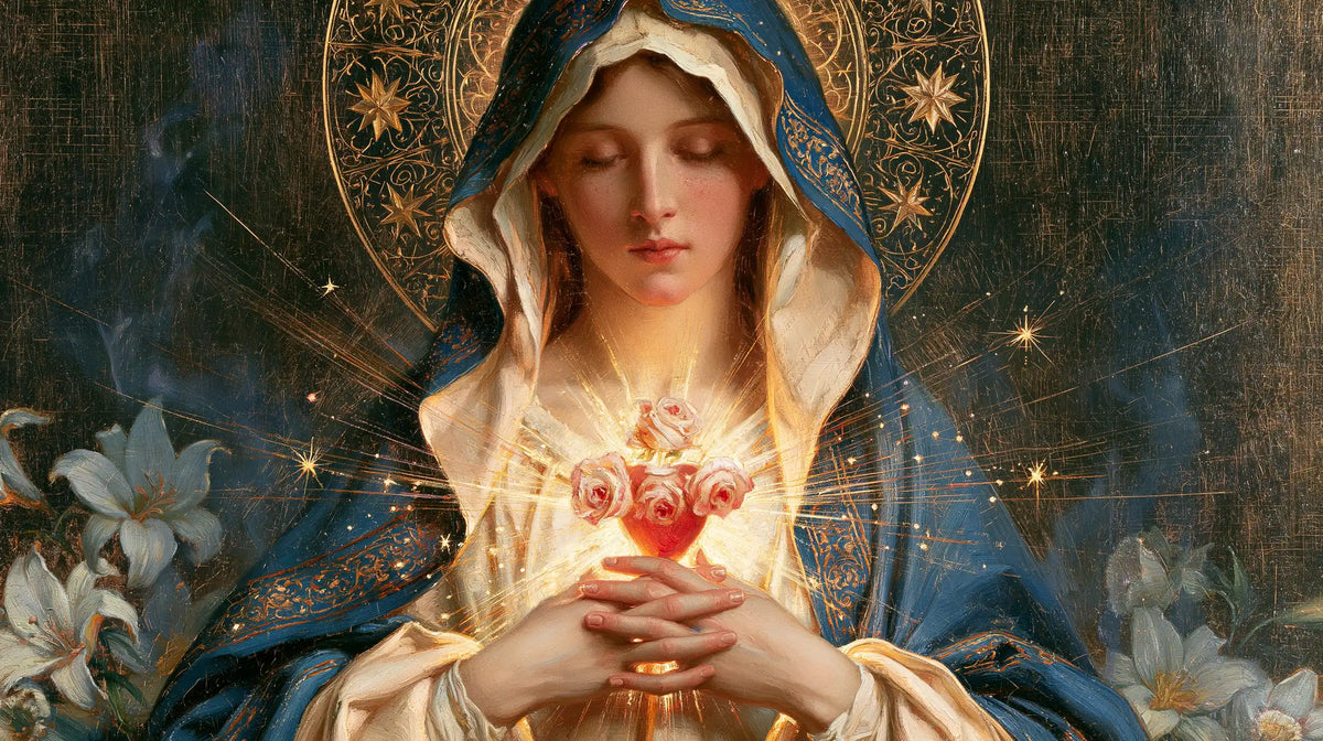 the Immaculate Heart of Mary in a symbolist composition in Symbolist style, landscape Christian artwork no. 13