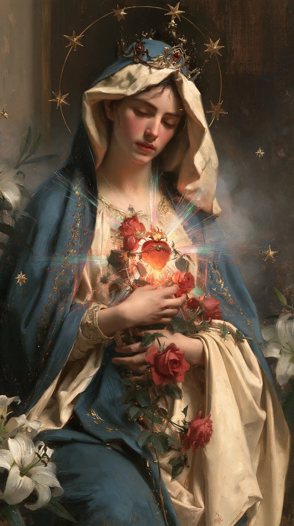 the Immaculate Heart of Mary in a symbolist composition in Symbolist style, portrait Christian artwork no. 5