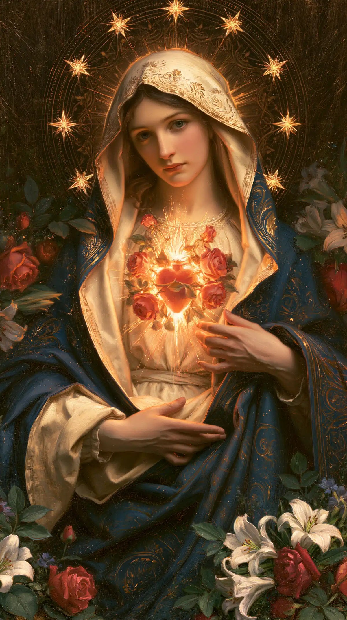 the Immaculate Heart of Mary in a symbolist composition in Symbolist style, portrait Christian artwork no. 11