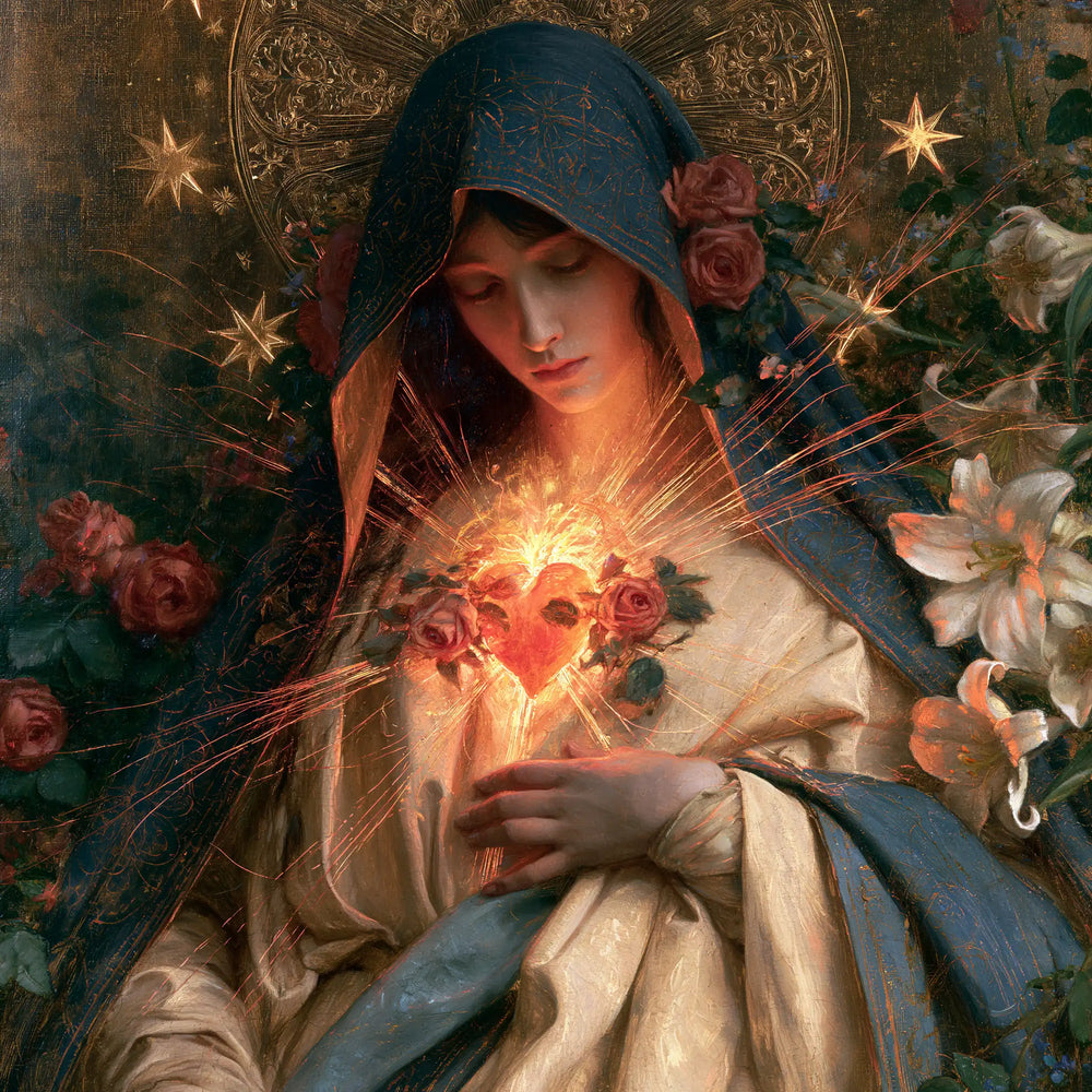 the Immaculate Heart of Mary in a symbolist composition in Symbolist style, square Christian artwork no. 7