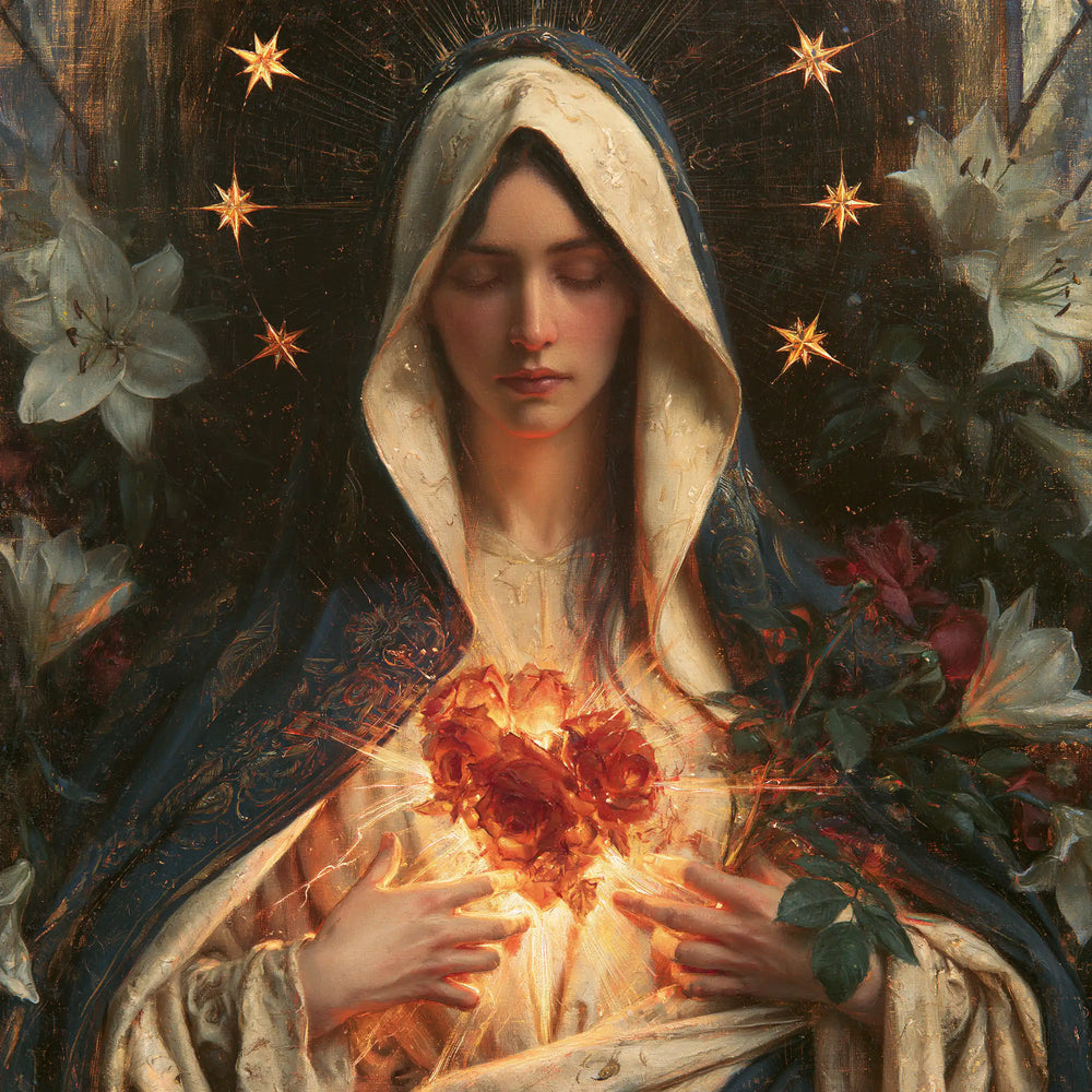 the Immaculate Heart of Mary in a symbolist composition in Symbolist style, square Christian artwork no. 8