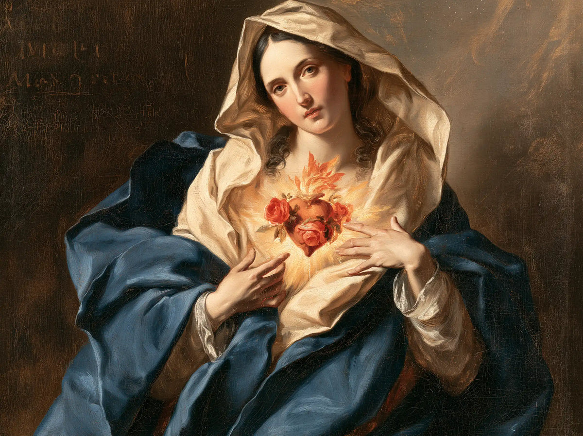 the Immaculate Heart of Mary in a theatrical Baroque scene in Theatrical Baroque style, landscape Christian artwork no. 11