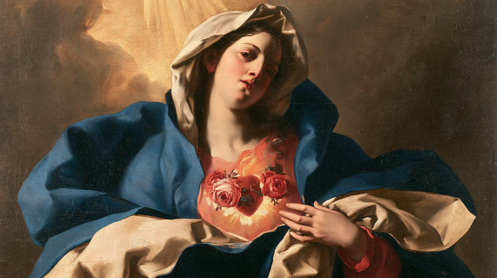 the Immaculate Heart of Mary in a theatrical Baroque scene in Theatrical Baroque style, landscape Christian artwork no. 13
