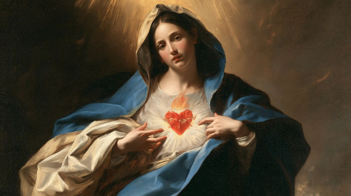 the Immaculate Heart of Mary in a theatrical Baroque scene in Theatrical Baroque style, landscape Christian artwork no. 15