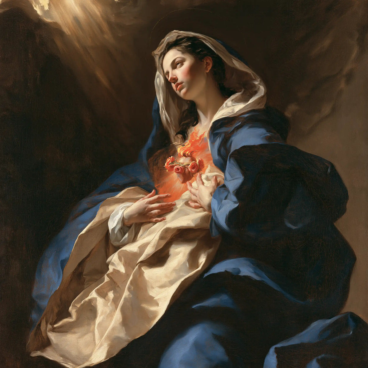 the Immaculate Heart of Mary in a theatrical Baroque scene in Theatrical Baroque style, square Christian artwork no. 2