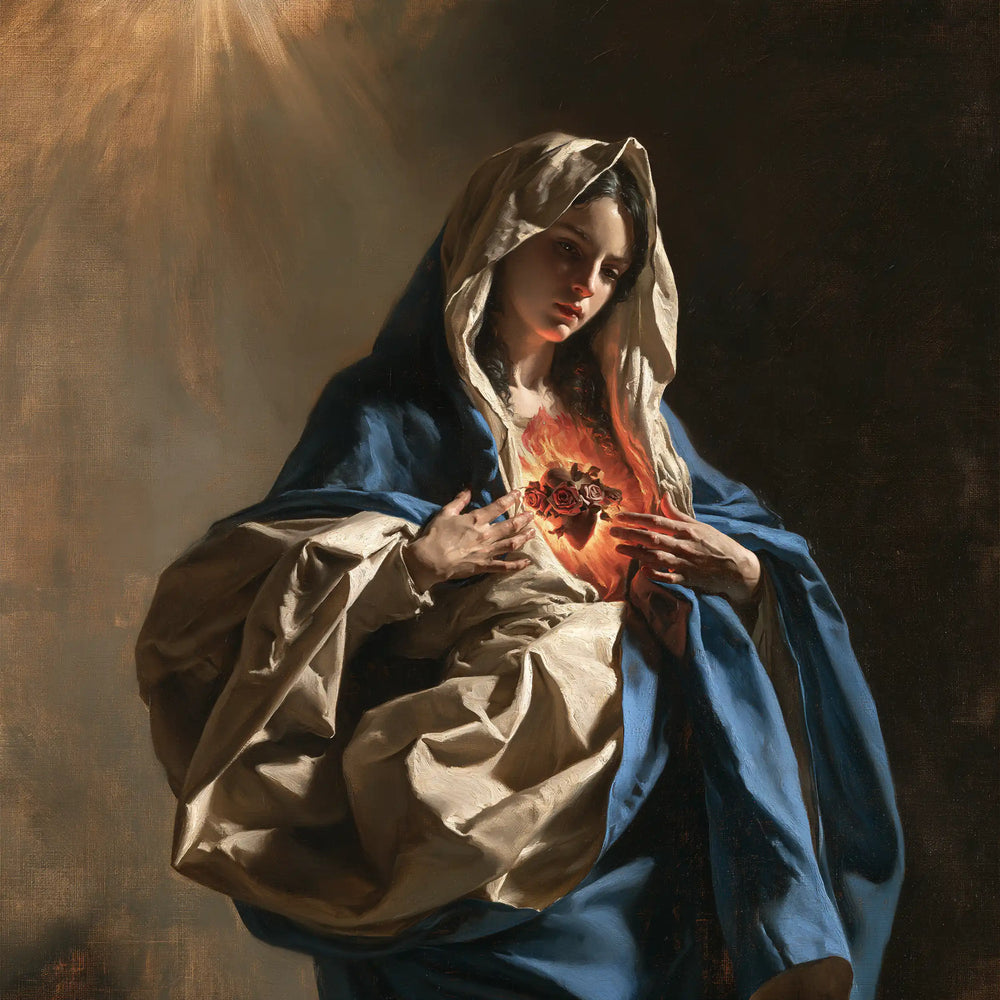 the Immaculate Heart of Mary in a theatrical Baroque scene in Theatrical Baroque style, square Christian artwork no. 7