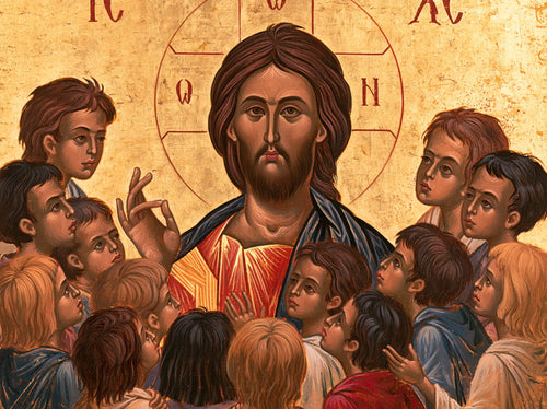 Jesus and the children in a contemporary Byzantine icon in Contemporary Byzantine style, landscape Christian artwork no. 8