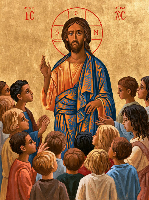 Jesus and the children in a contemporary Byzantine icon in Contemporary Byzantine style, portrait Christian artwork no. 15