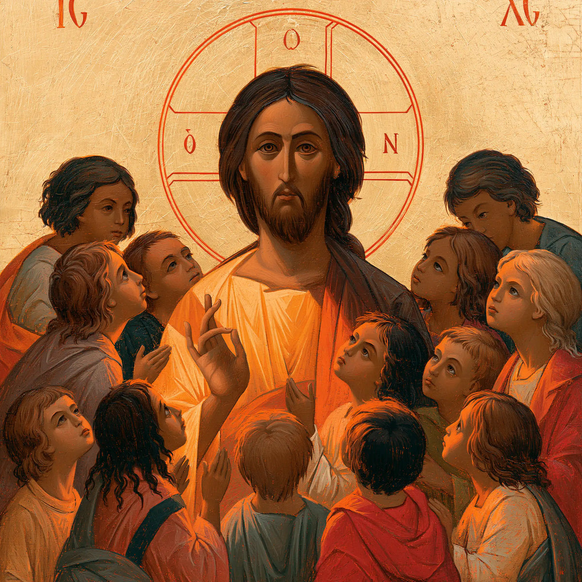 Jesus and the Children — The Solemn Face in the Orange Glow