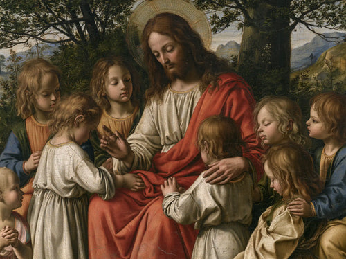 Jesus with children in Florentine Renaissance style in Florentine Renaissance style, landscape Christian artwork no. 5