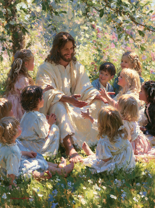 Jesus with children in an impressionist atmosphere in Impressionist style, portrait Christian artwork no. 14