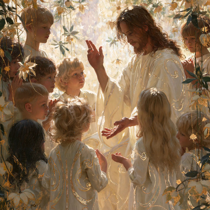 Jesus and the Children — Two Little Girls in Leafy Gold