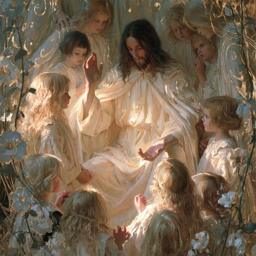 Jesus and the children framed by sacred Art Nouveau ornament in Sacred Art Nouveau style, square Christian artwork no. 5