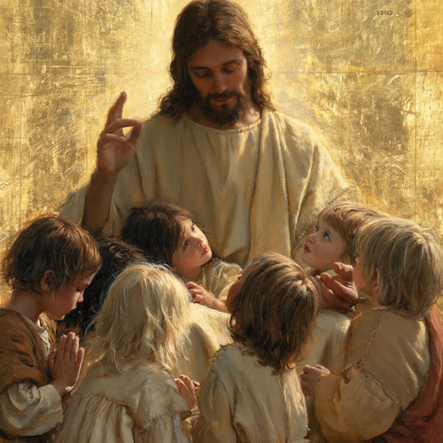 Jesus welcoming children in radiant golden light in Sacred Gold style, square Christian artwork no. 3