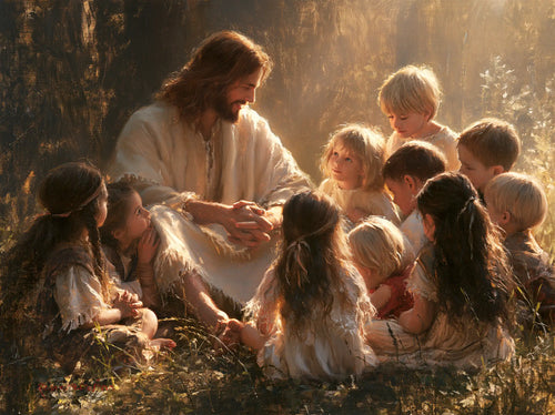 Jesus with children in a meditation on sacred innocence in Innocence as a Sacred Symbol style, landscape Christian artwork no. 1