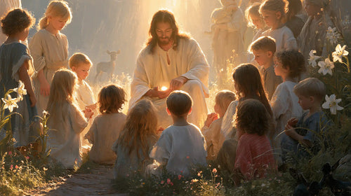 Jesus and the children in a symbolist composition in Symbolist style, landscape Christian artwork no. 8