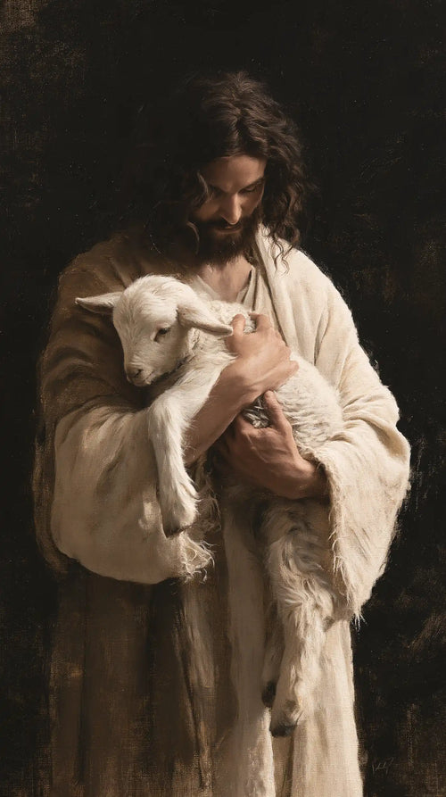 Jesus and the lamb in a minimalist composition in Contemporary Minimalism style, portrait Christian artwork no. 3