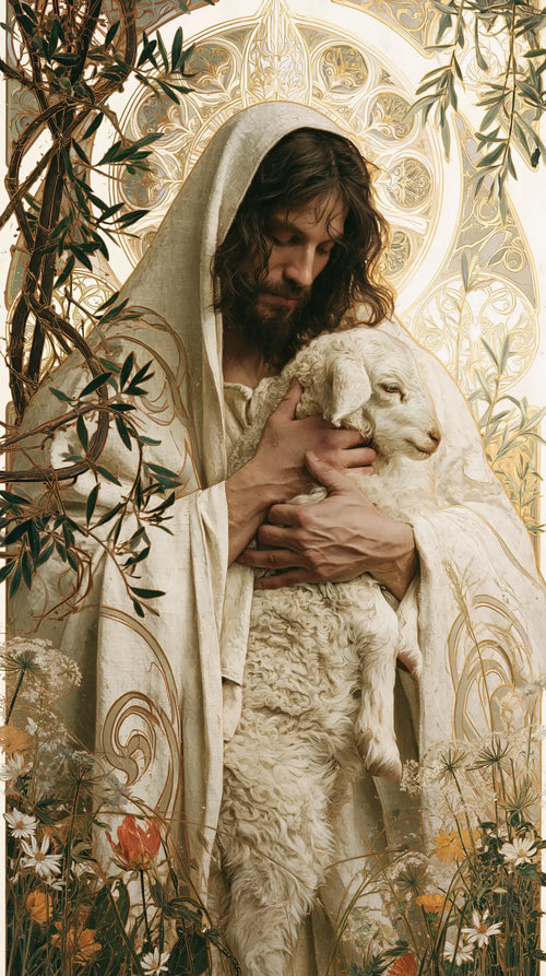 Jesus and the lamb framed by sacred Art Nouveau ornament in Sacred Art Nouveau style, portrait Christian artwork no. 2
