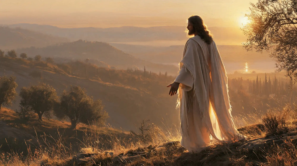 Jesus walking along a hillside at sunset in Sacred Silence style, landscape Christian artwork no. 4