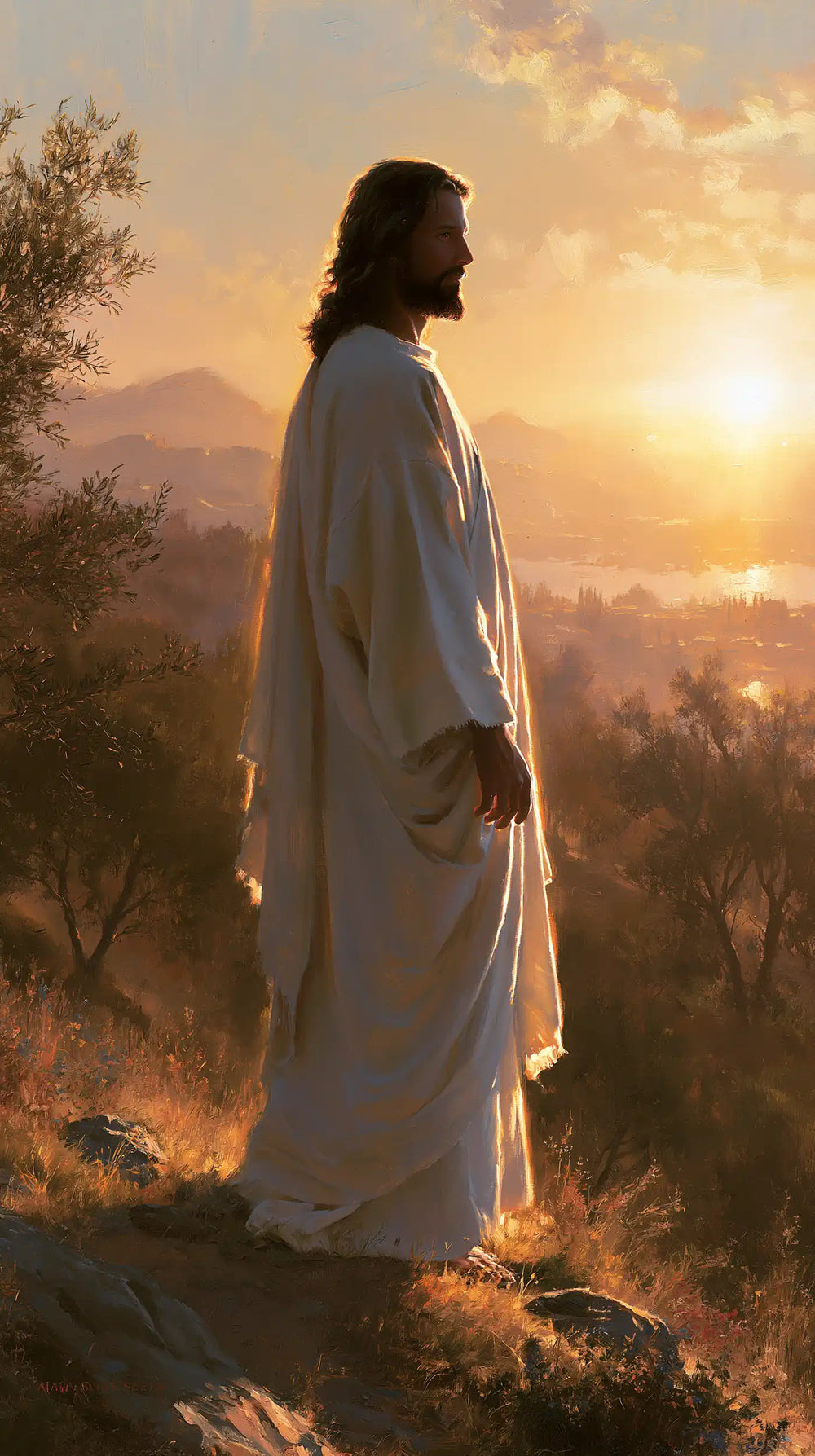Jesus walking along a hillside at sunset in Sacred Silence style, portrait Christian artwork no. 1