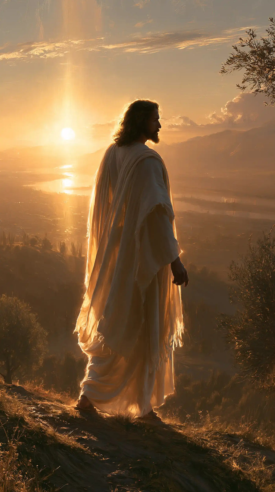 Jesus walking along a hillside at sunset in Sacred Silence style, portrait Christian artwork no. 7