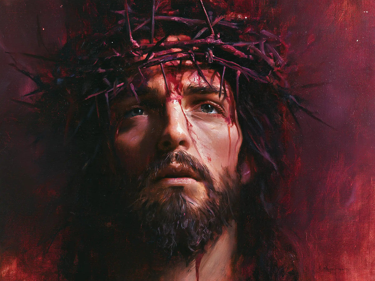 Jesus Crowned with Thorns — The Blue Gaze in Red Mist