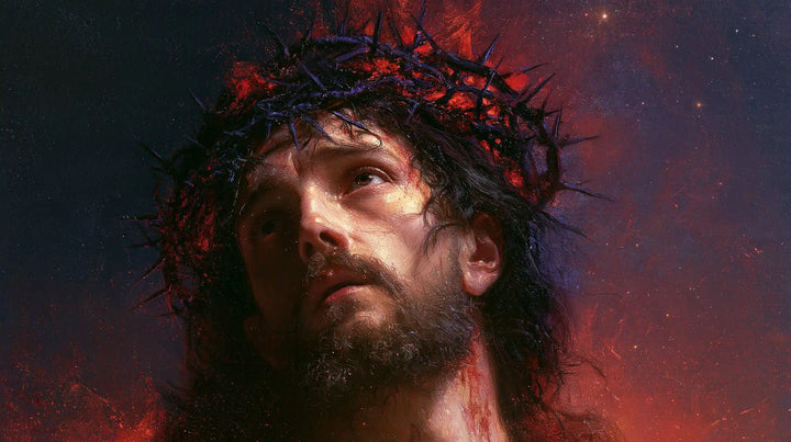 Jesus Crowned with Thorns — The Gaze beneath Purple Sparks