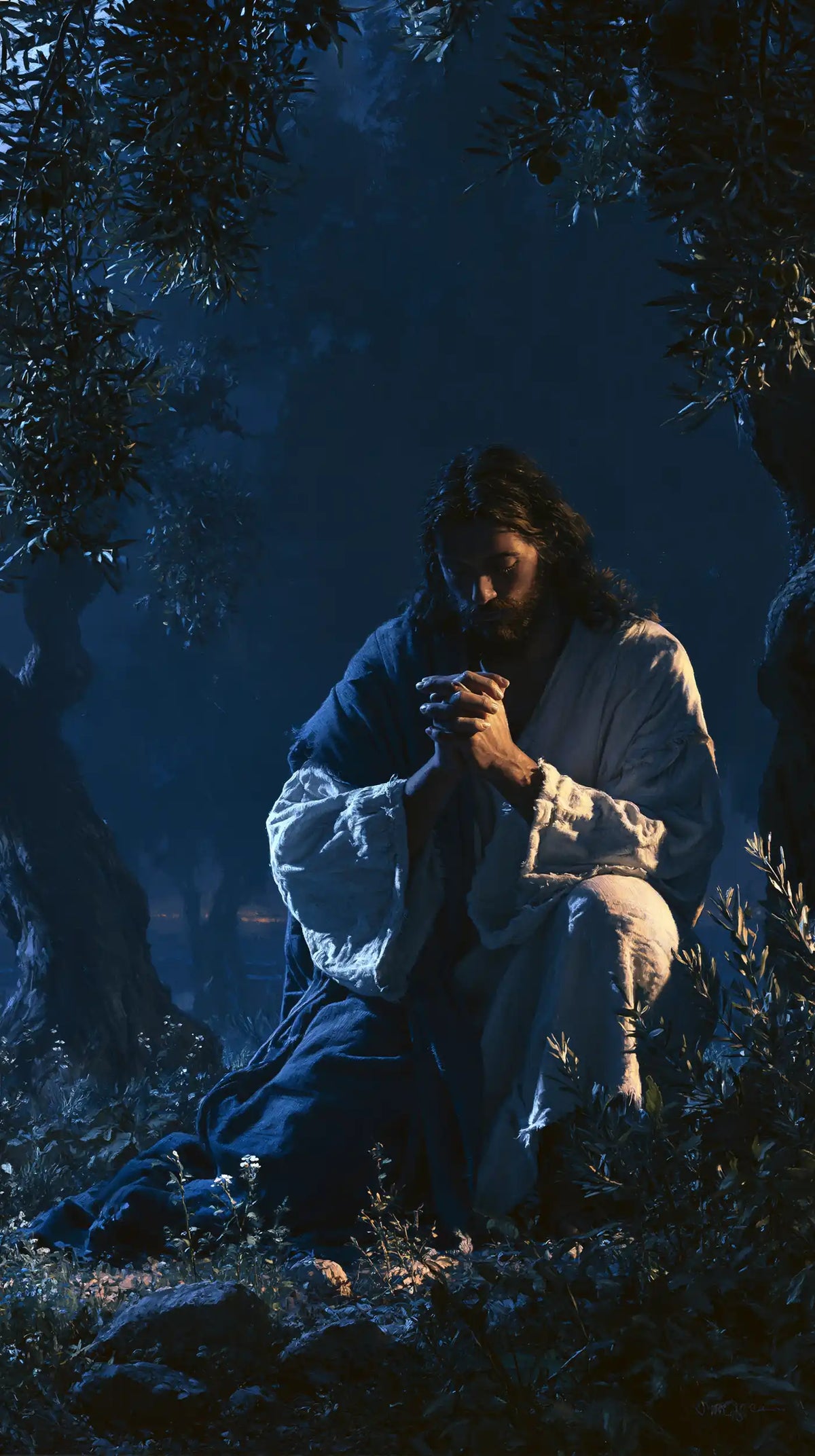 Jesus in Gethsemane — Hands Joined in Blue Depths