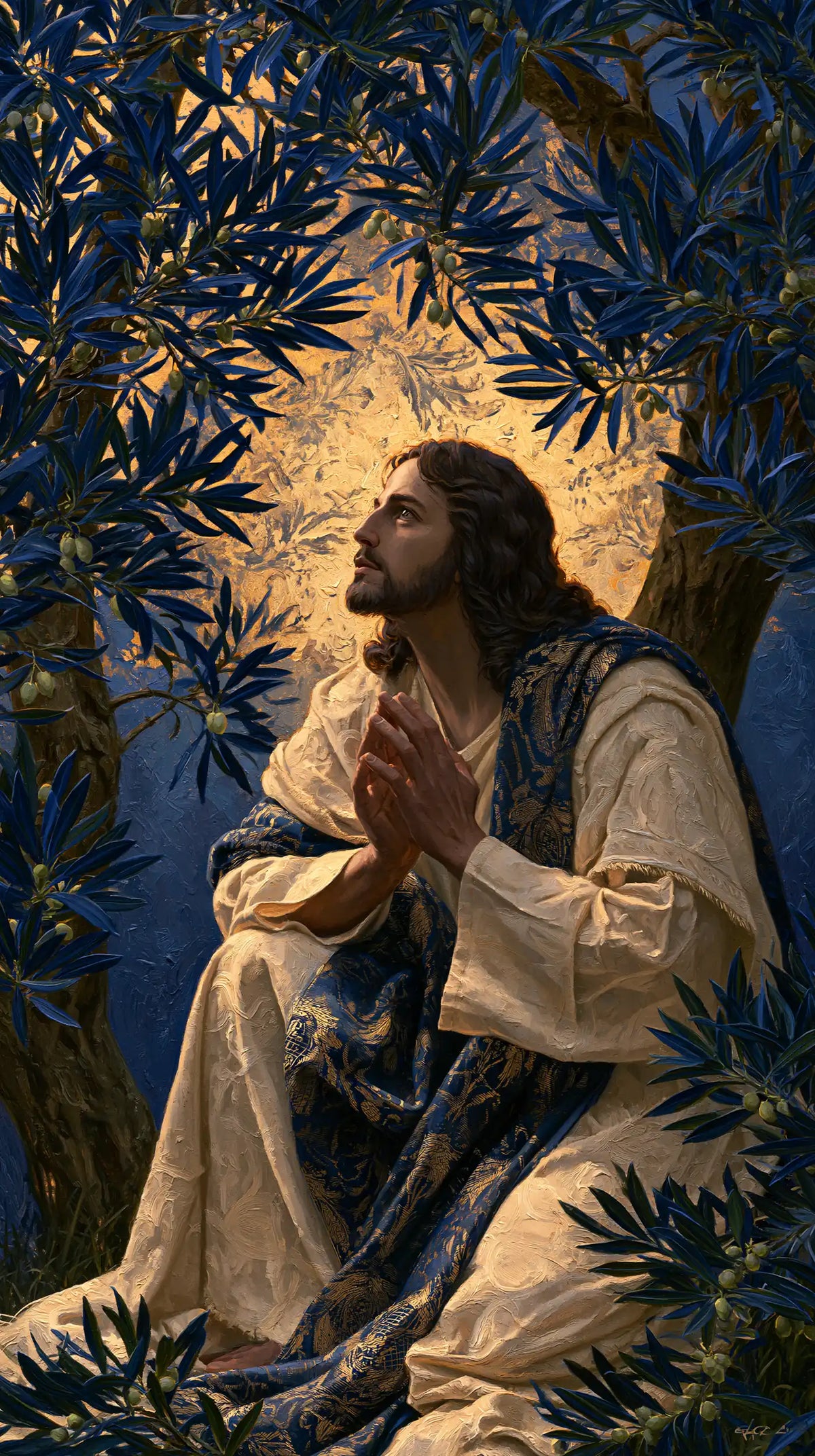 Jesus in Gethsemane - Gethsemane in Midnight Blue, Olive and Gold · Portrait n° 3