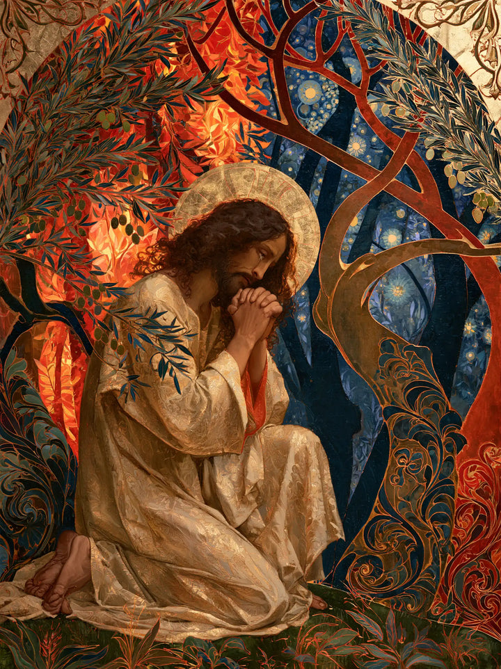 Jesus in Gethsemane — Silence among Decorative Flames