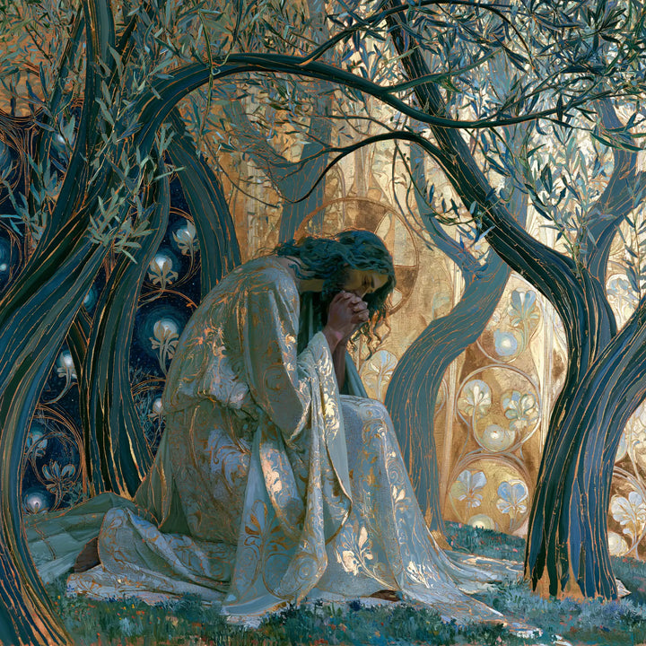 Jesus in Gethsemane — Prayer beneath Aquamarine Curves