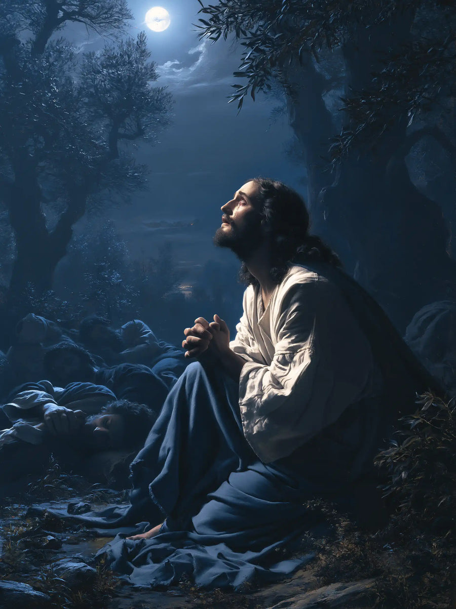 Jesus in Gethsemane — The Gaze above Blue Drapery