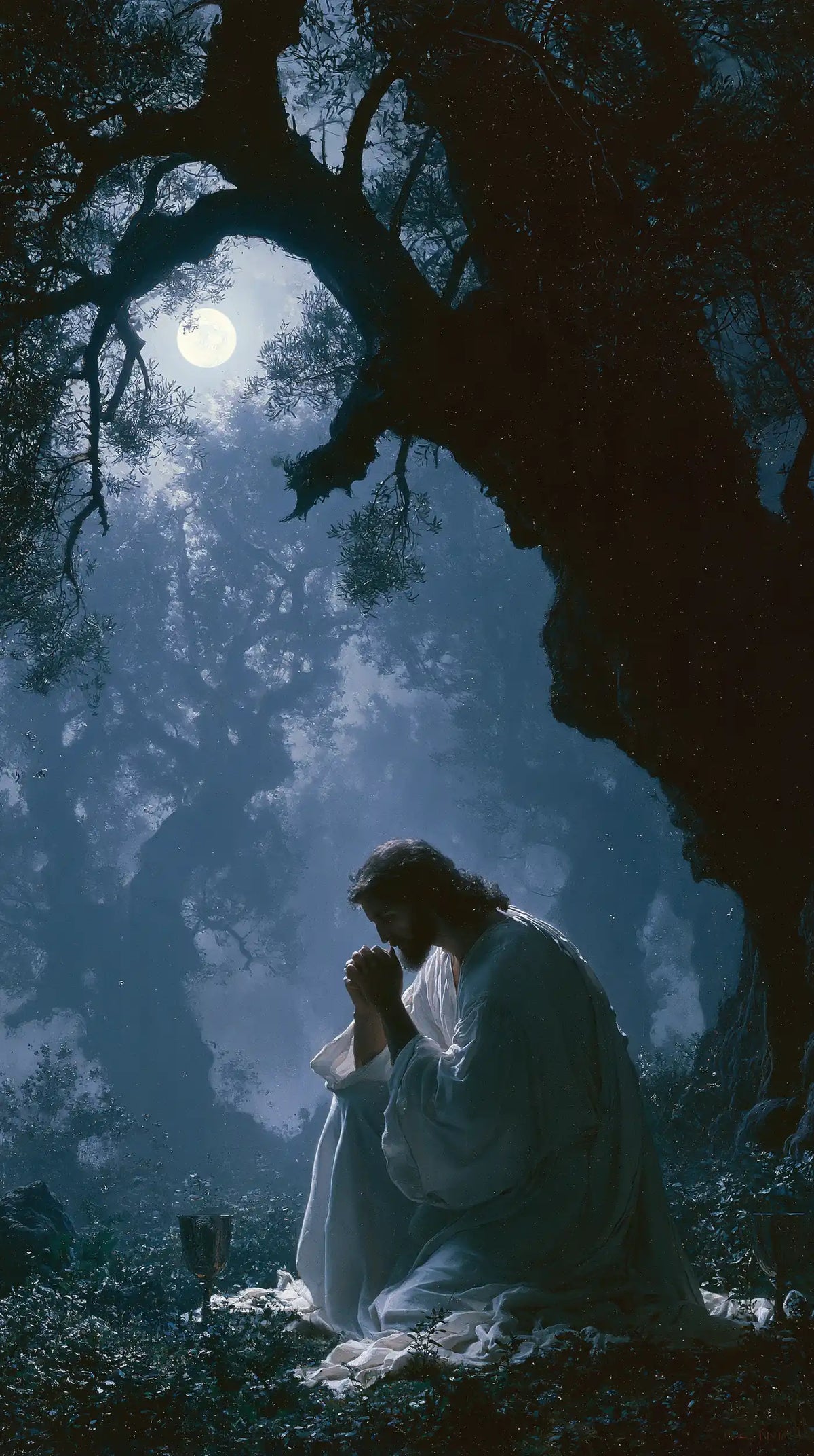 Jesus in Gethsemane — The Bowed Brow beneath the Frost Moon