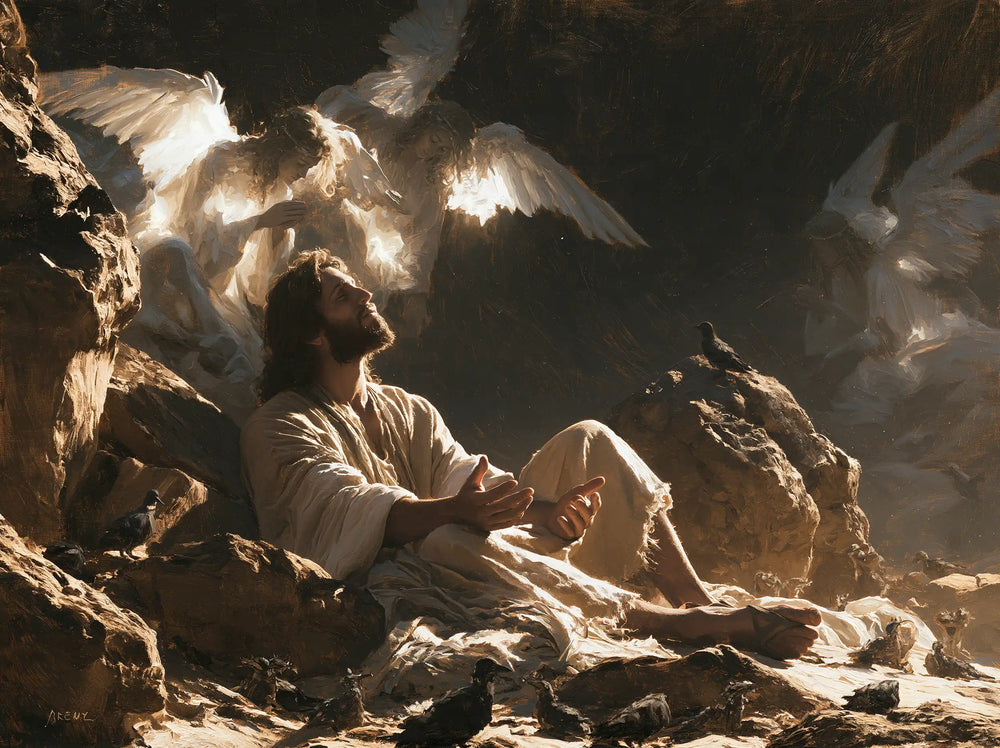 angels ministering to Jesus after the temptation in Angels After the Temptation style, landscape Christian artwork no. 11