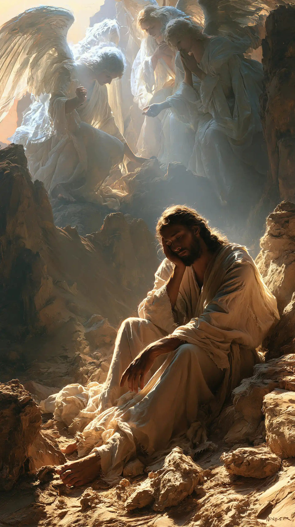 angels ministering to Jesus after the temptation in Angels After the Temptation style, portrait Christian artwork no. 5
