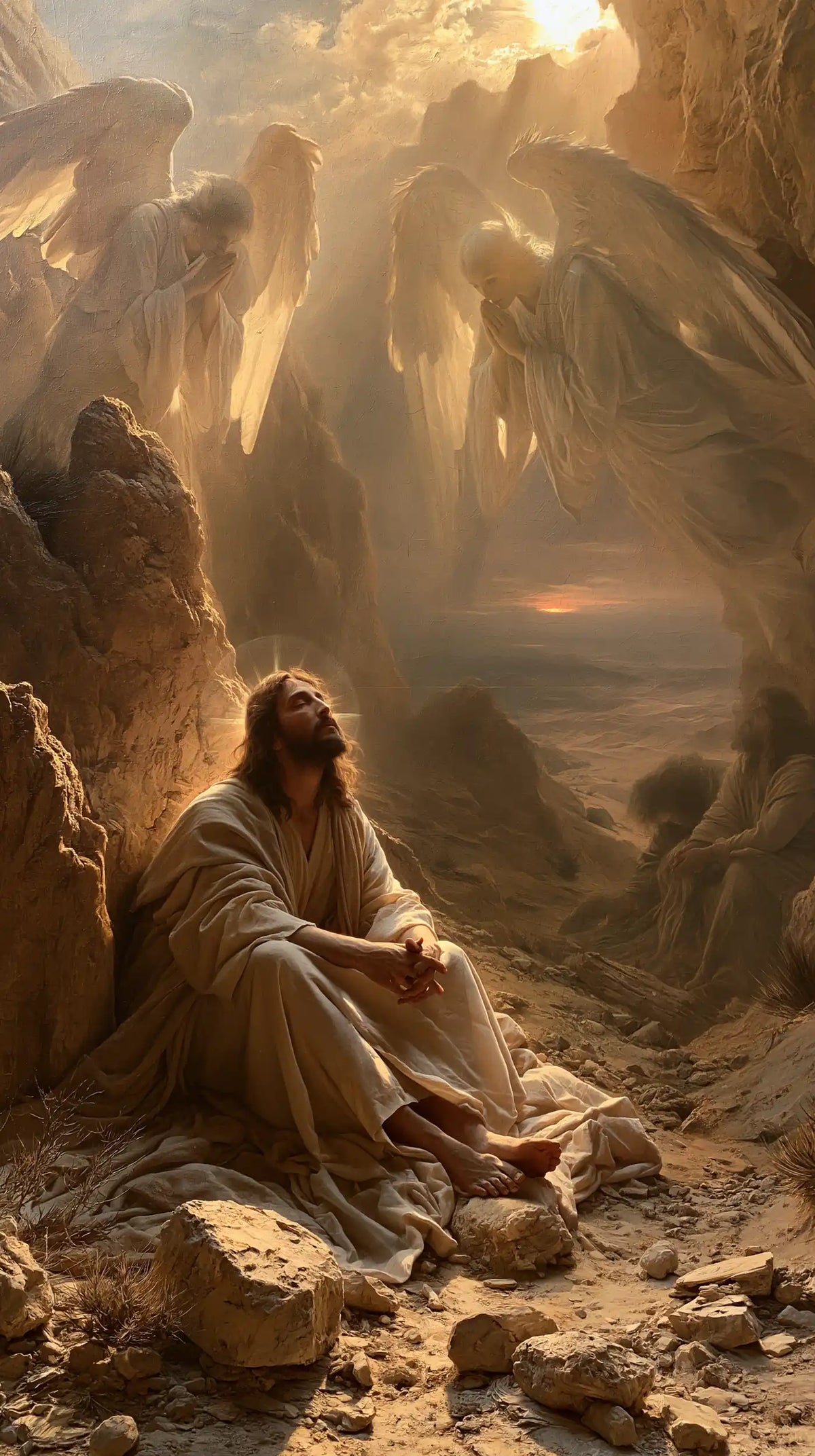 angels ministering to Jesus after the temptation in Angels After the Temptation style, portrait Christian artwork no. 17