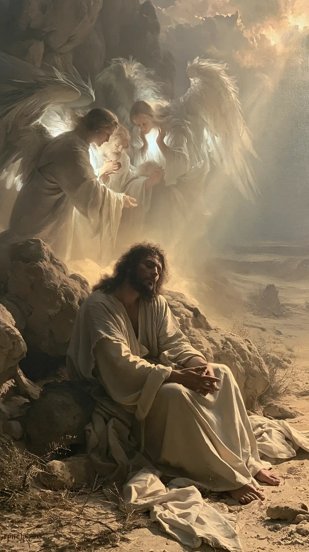angels ministering to Jesus after the temptation in Angels After the Temptation style, portrait Christian artwork no. 23