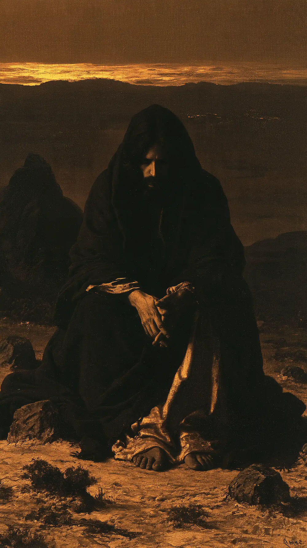 Jesus in the desert during the temptation in Black and Gold style, portrait Christian artwork no. 3