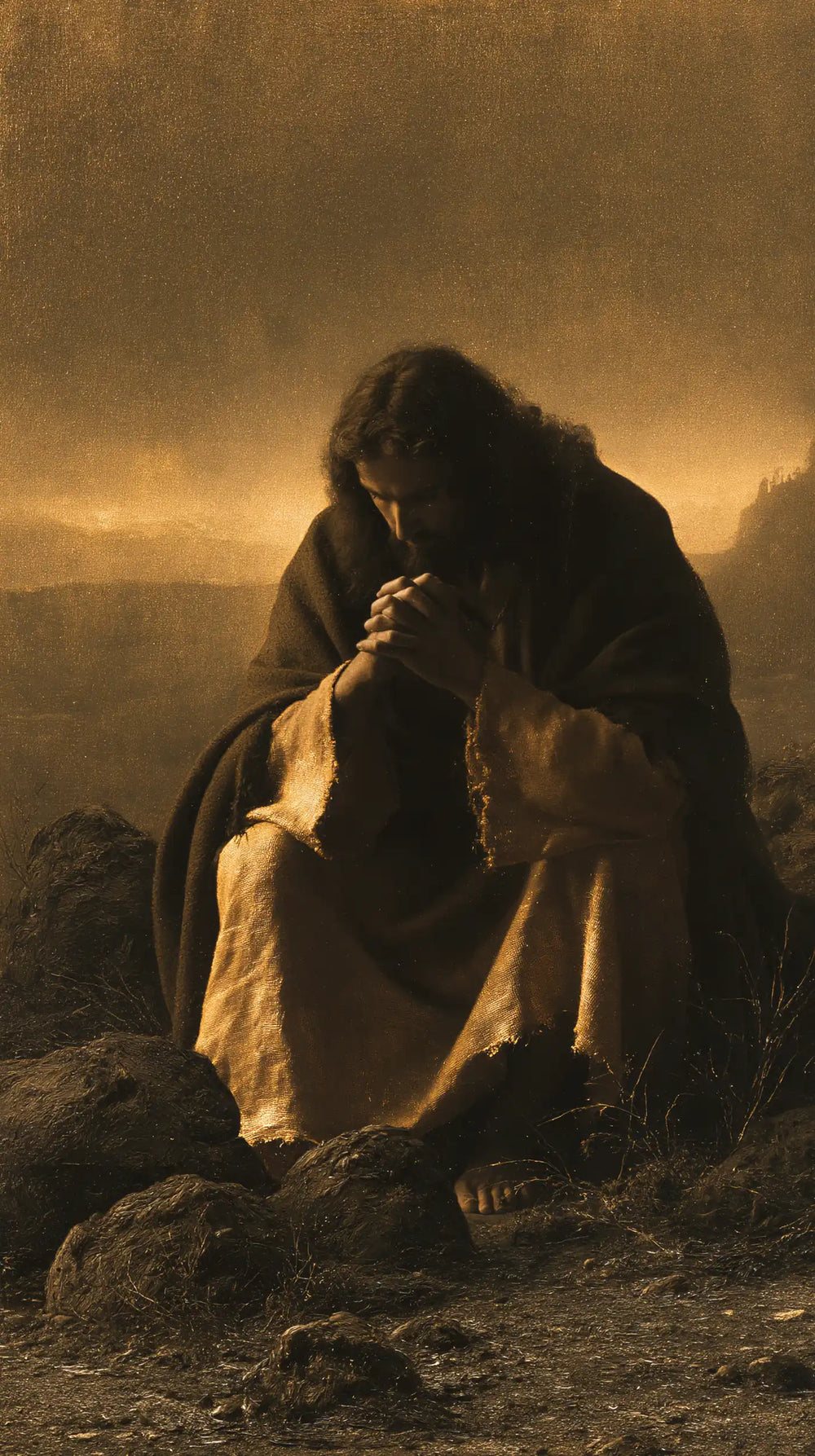 Jesus in the desert during the temptation in Black and Gold style, portrait Christian artwork no. 4