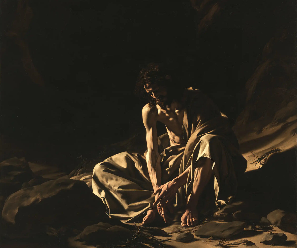 Jesus in the desert during the temptation in Caravaggio Tenebrism style, landscape Christian artwork no. 7