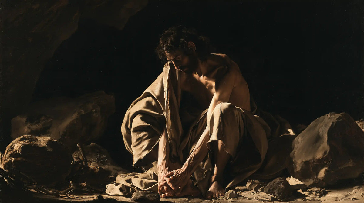 Jesus in the desert during the temptation in Caravaggio Tenebrism style, landscape Christian artwork no. 17