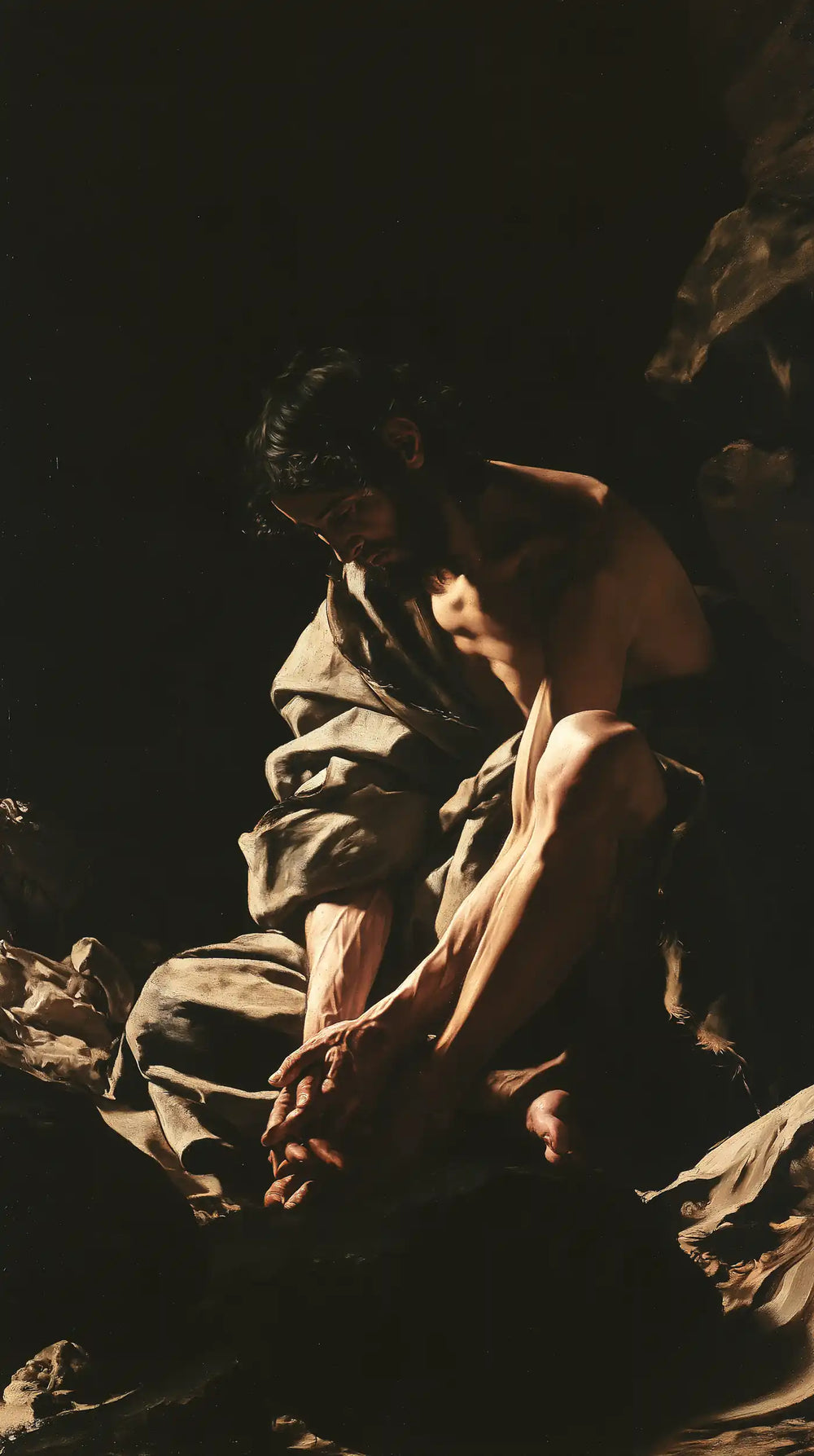 Jesus in the desert during the temptation in Caravaggio Tenebrism style, portrait Christian artwork no. 4