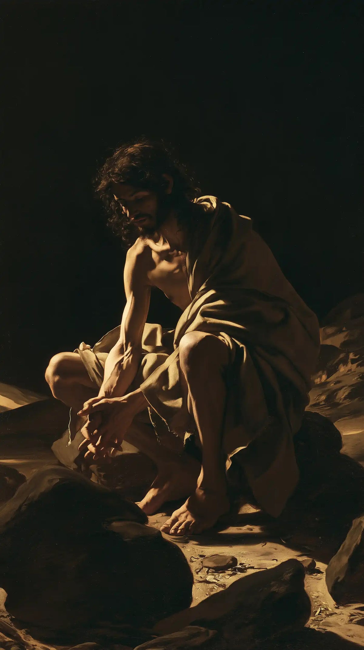 Jesus in the desert during the temptation in Caravaggio Tenebrism style, portrait Christian artwork no. 8