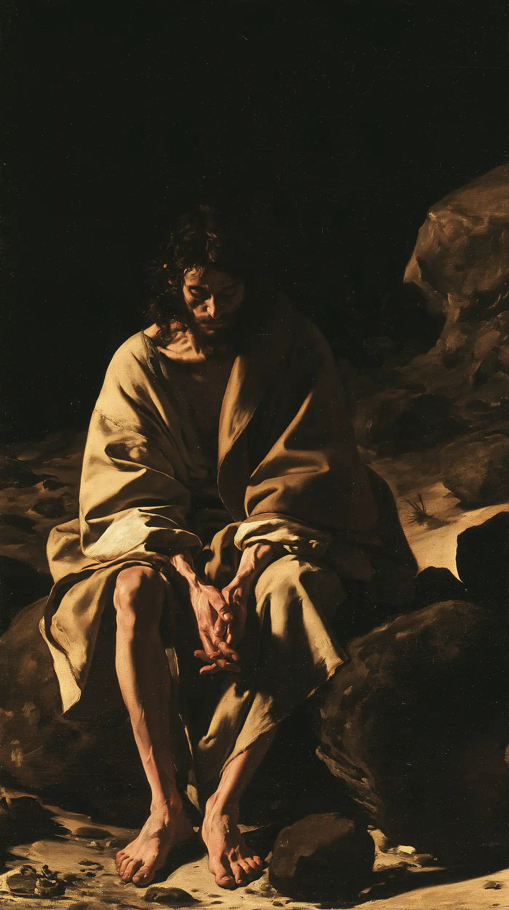 Jesus in the desert during the temptation in Caravaggio Tenebrism style, portrait Christian artwork no. 10